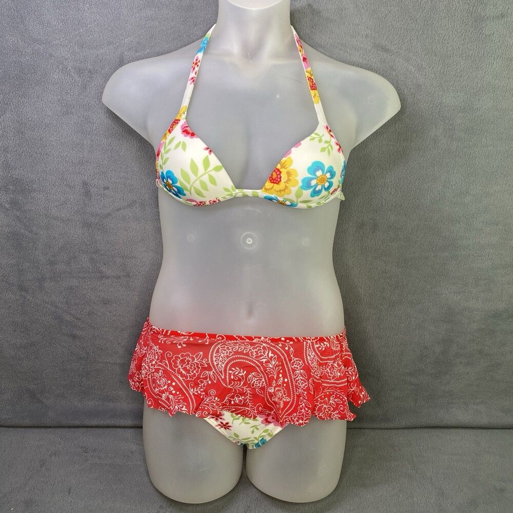 AGUA DOCE Bikini Size M White Red Blue Skirt Floral Brazilian 3-pc Boho Chic
